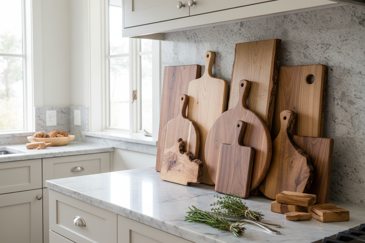 cutting boards and wood staged in kitchen 